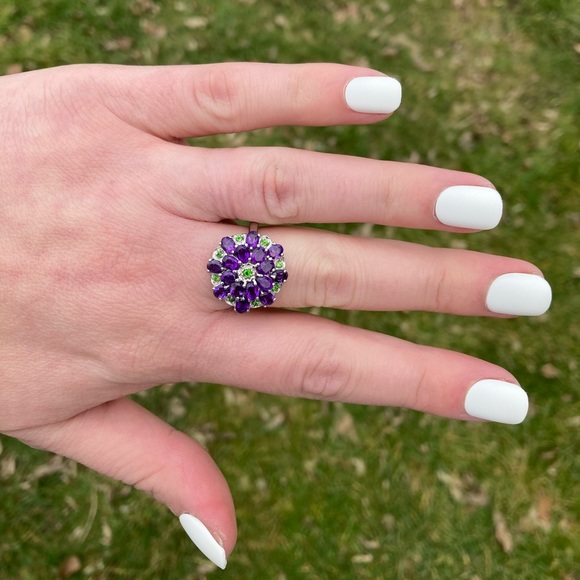 Amethyst and Chrome Diopside Cluster Ring Size 7.75 on Silver & 14k Gold Plating - Picture 6 of 7